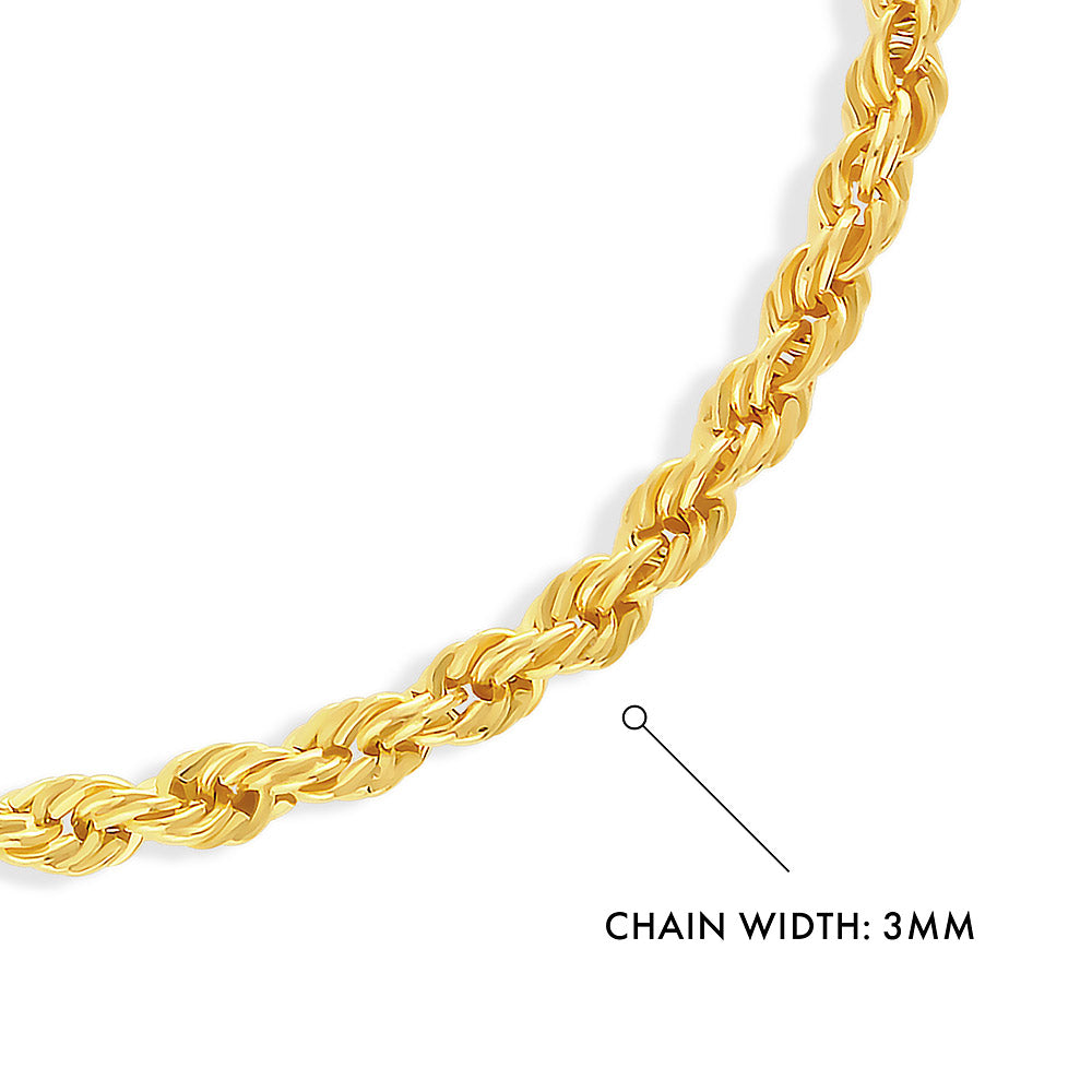 Front view of Twisted Rope Chain Bracelet in Sterling Silver 3mm, Yellow Gold Flashed