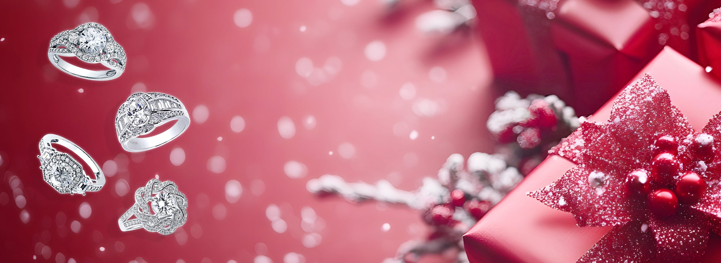 assorted rings on a red holiday background