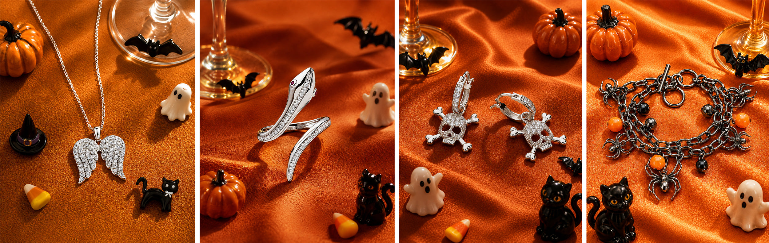 Four vertical panels show silver and black Halloween-themed jewelry laid out on orange satin fabric with small pumpkins, black cats, ghosts, and candy. The jewelry includes a winged angel pendant necklace, a pair of silver skull earrings, a silver snake ring, and a black chain bracelet with spiker and beads charms.