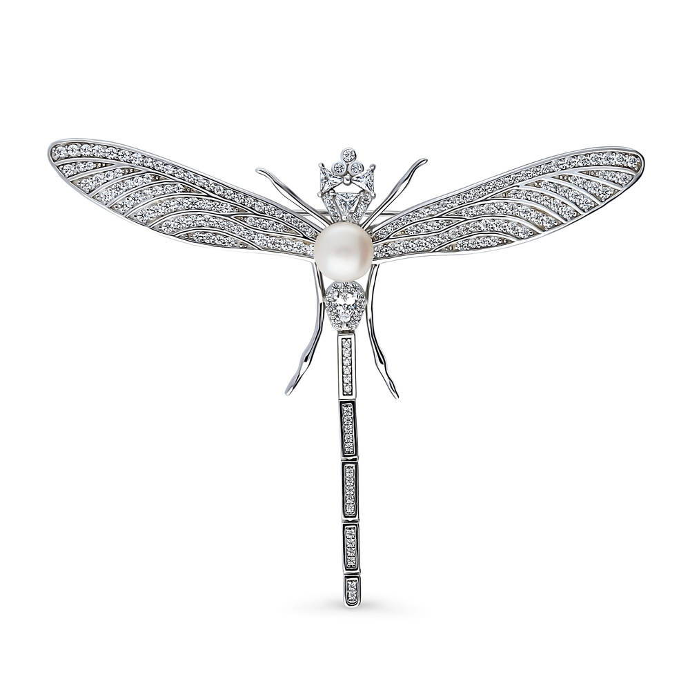 Dragonfly Button Cultured Pearl Pin in Sterling Silver, Rhodium Plated