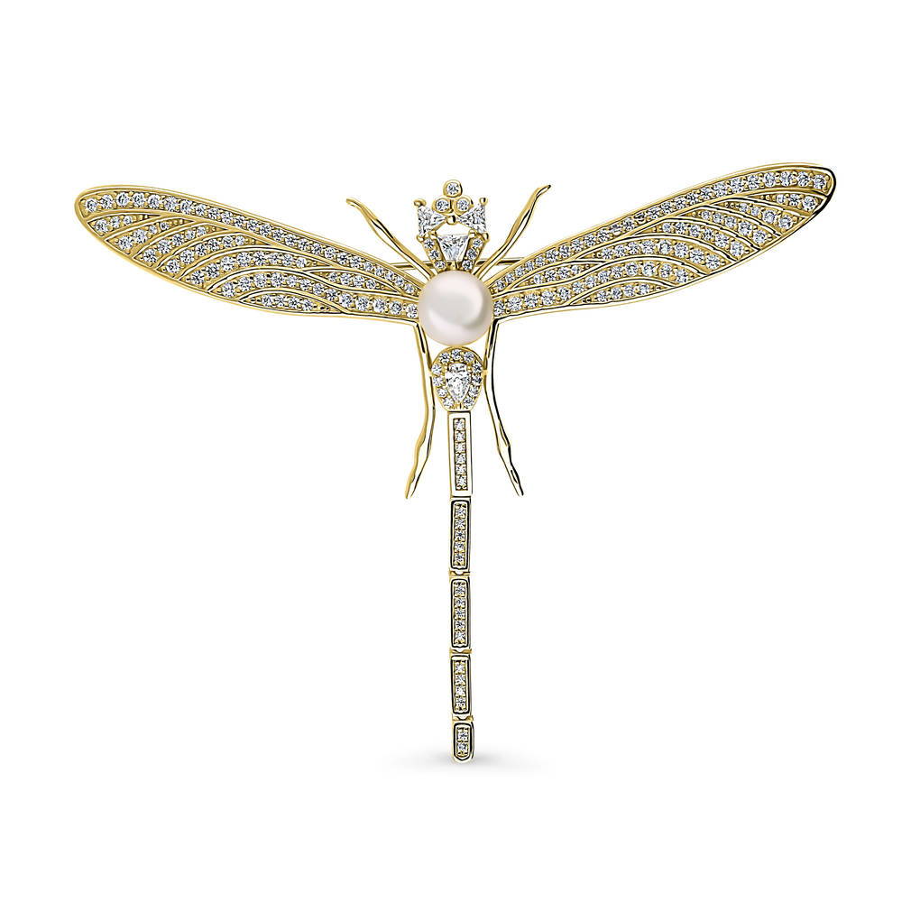 Dragonfly Button Cultured Pearl Pin in Sterling Silver, Yellow Gold Flashed