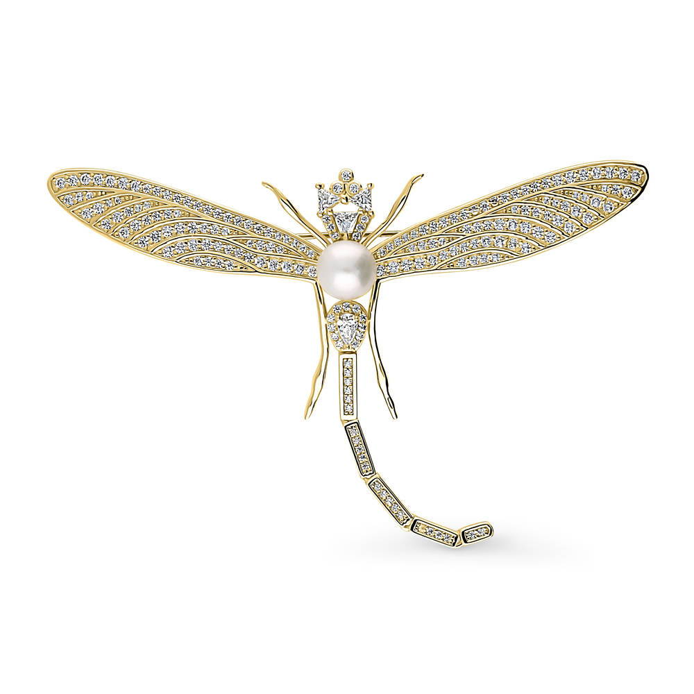 Front view of Dragonfly Button Cultured Pearl Pin in Sterling Silver, Yellow Gold Flashed