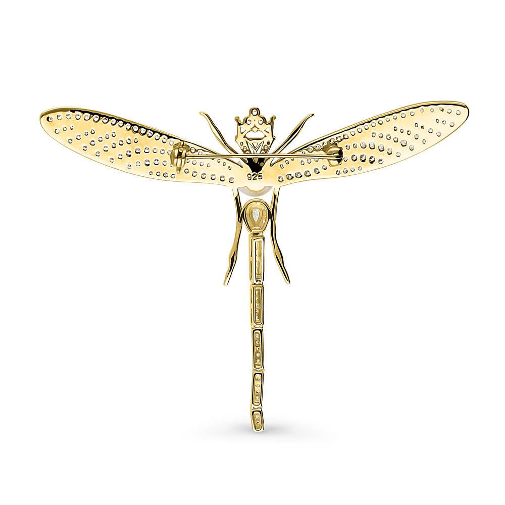 Angle view of Dragonfly Button Cultured Pearl Pin in Sterling Silver, Yellow Gold Flashed