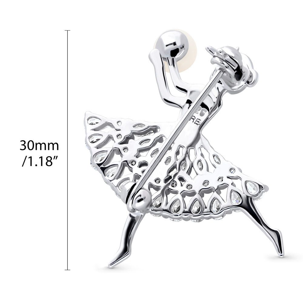 Front view of Dancing Ballerina Button Cultured Pearl Pin in Sterling Silver, Rhodium Plated