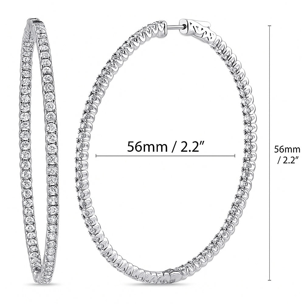 CZ Large Inside-Out Hoop Earrings in Sterling Silver 2.2 inch, Rhodium Plated
