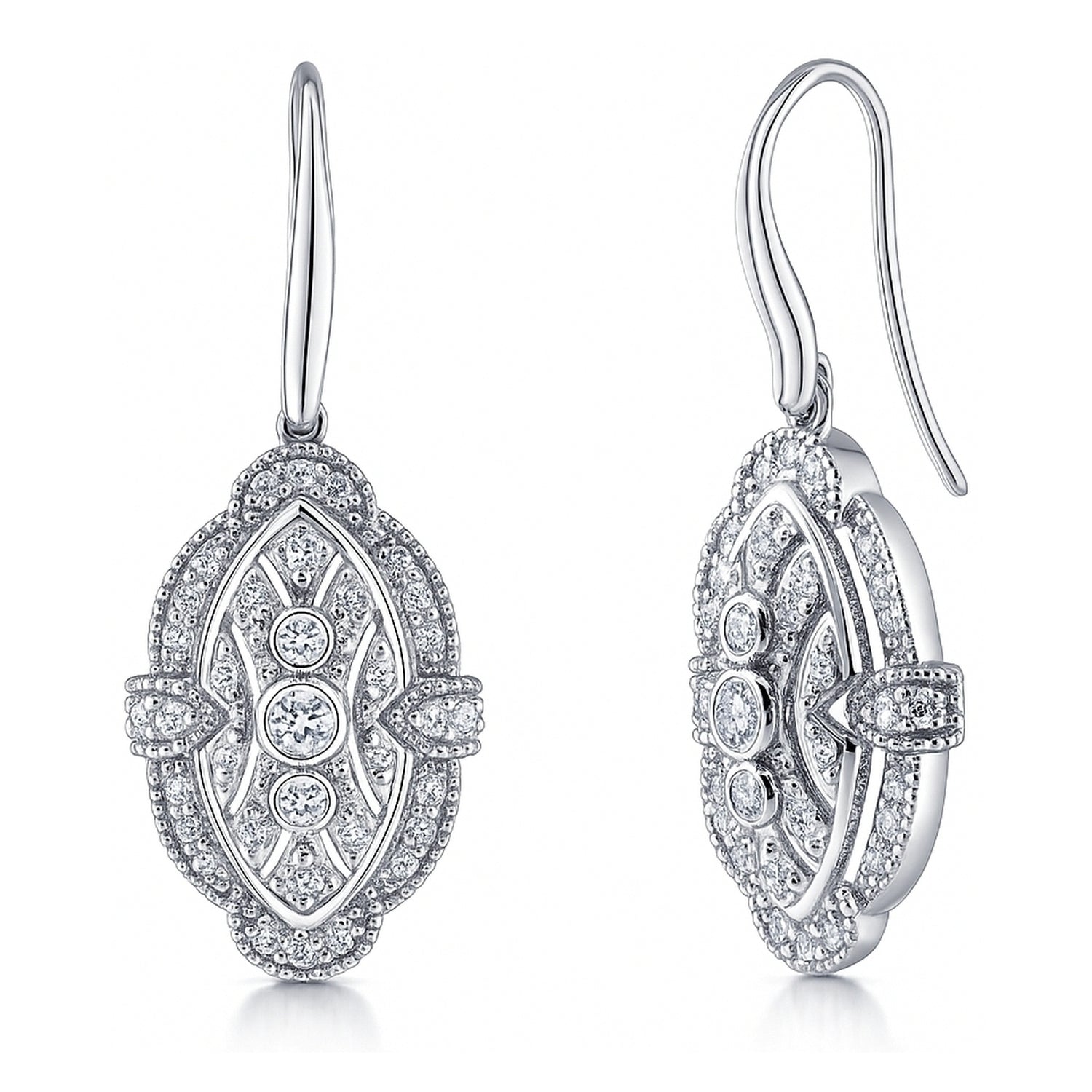 Art Deco Milgrain CZ Fish Hook Earrings in Sterling Silver