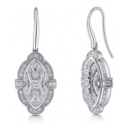 Art Deco Milgrain CZ Fish Hook Earrings in Sterling Silver