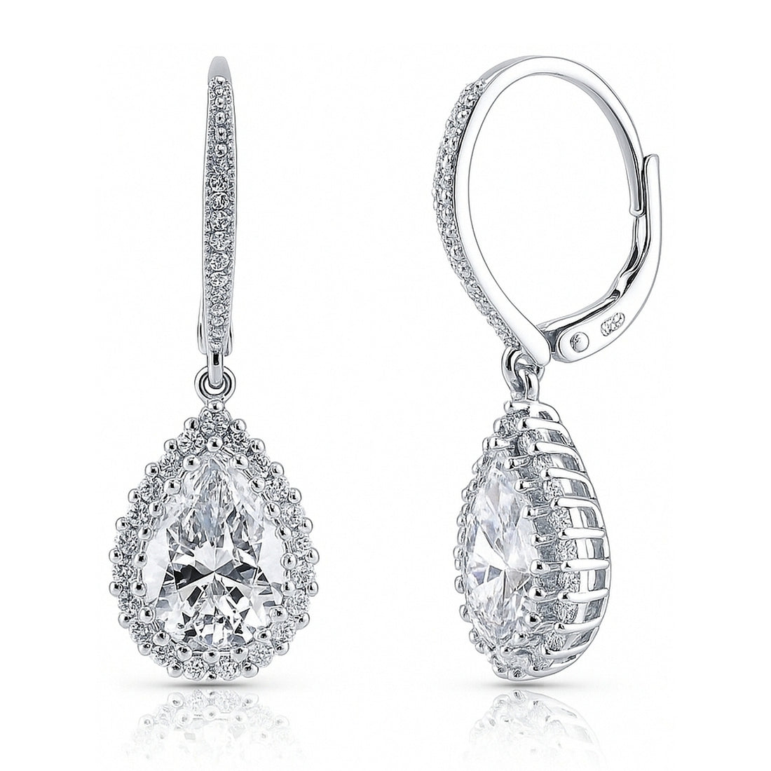 Halo Pear CZ Leverback Earrings in Sterling Silver