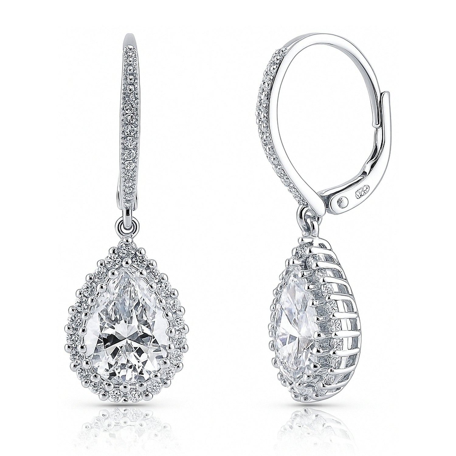 Halo Pear CZ Leverback Earrings in Sterling Silver, 1 of 4