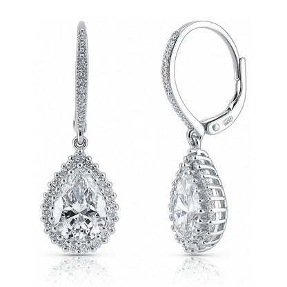 Halo Pear CZ Leverback Earrings in Sterling Silver