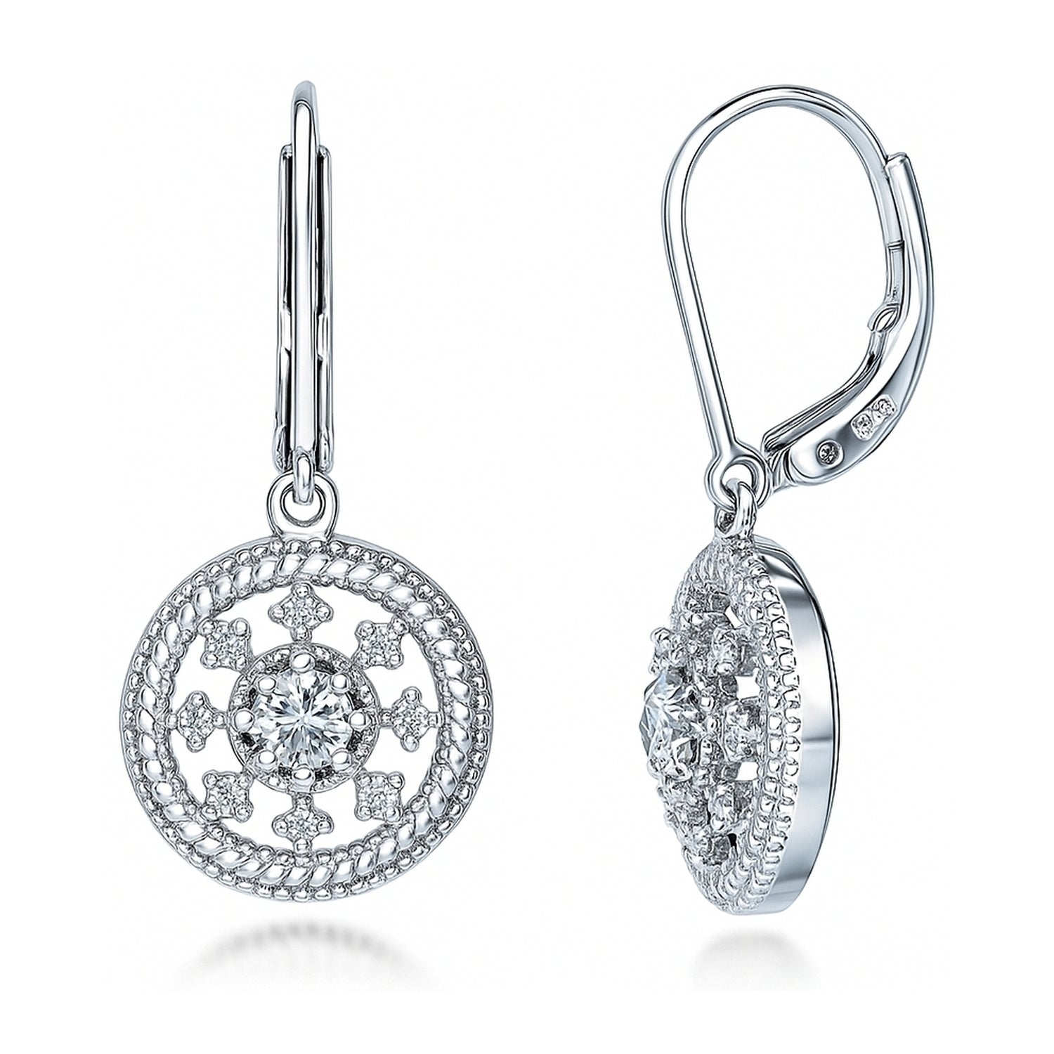 Medallion Milgrain CZ Leverback Earrings in Sterling Silver