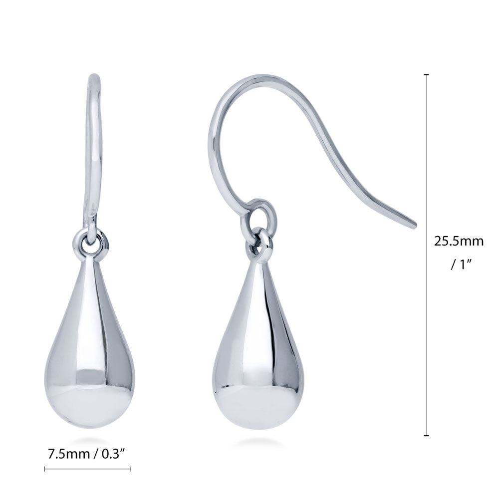 Front view of Teardrop Fish Hook Earrings in Sterling Silver, Rhodium Plated