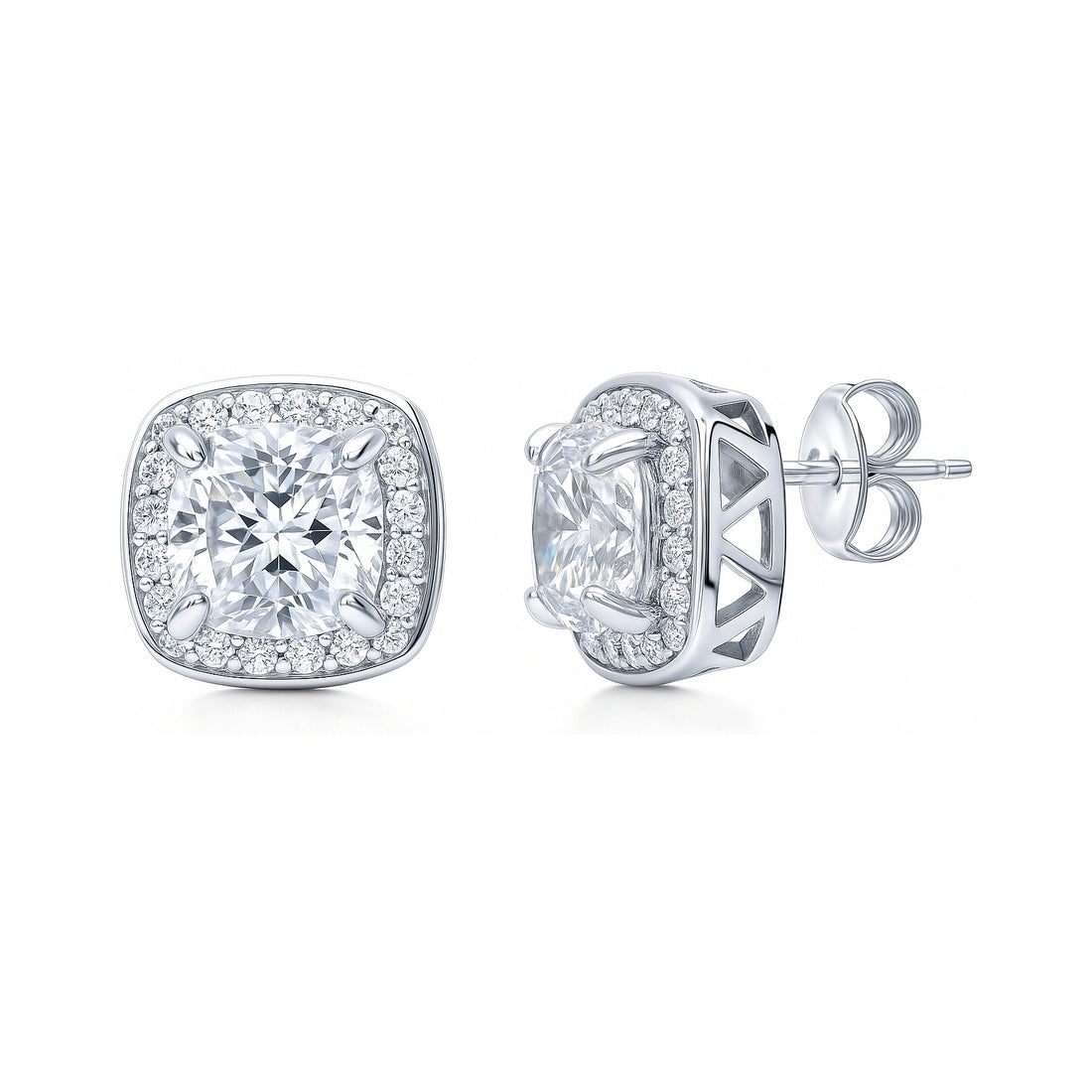 Halo Cushion CZ Stud Earrings in Sterling Silver