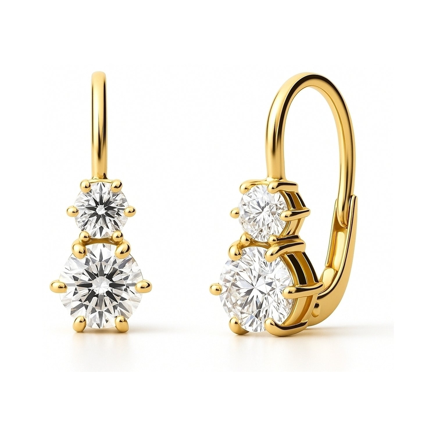 2-Stone CZ Leverback Earrings in Sterling Silver, Yellow Gold Flashed