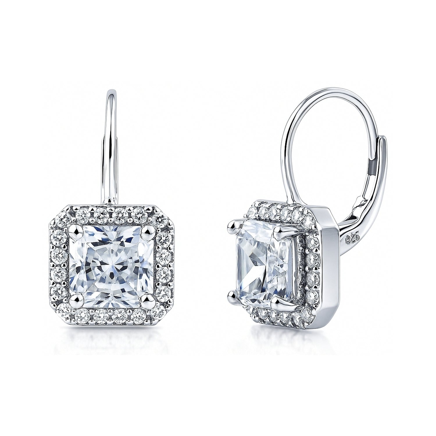 Halo Princess CZ Leverback Earrings in Sterling Silver, 1 of 2
