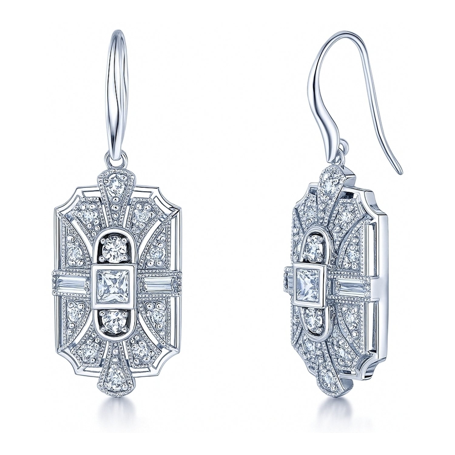 Art Deco Milgrain CZ Fish Hook Earrings in Sterling Silver, 1 of 5