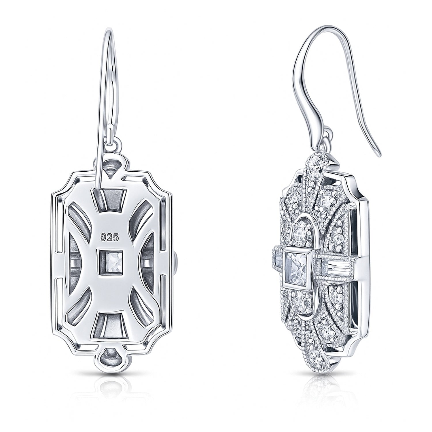 Art Deco Milgrain CZ Fish Hook Earrings in Sterling Silver