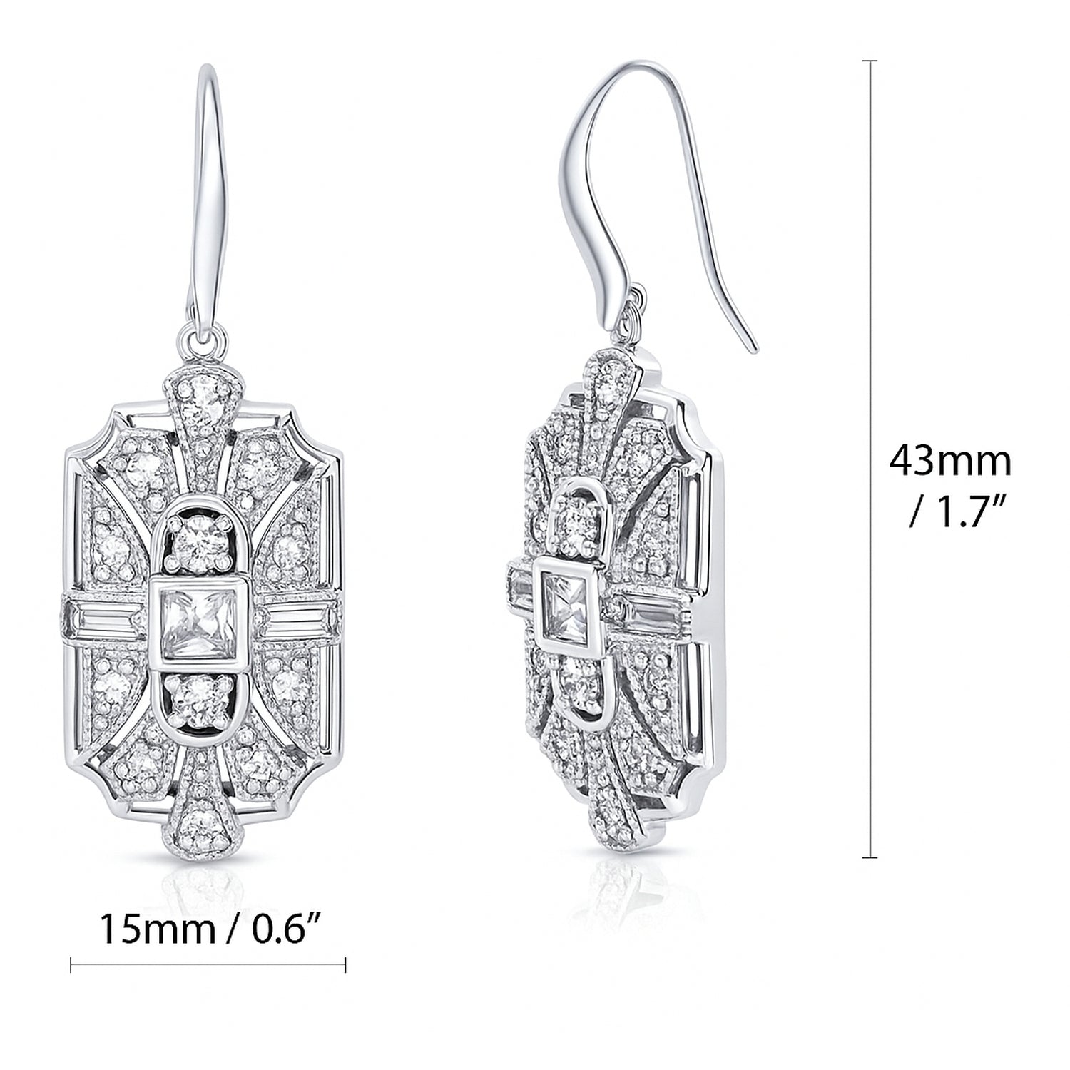Art Deco Milgrain CZ Fish Hook Earrings in Sterling Silver