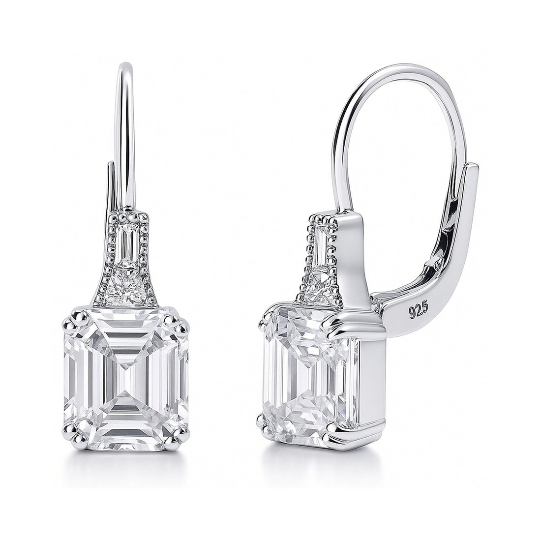 Solitaire 4ct Asscher CZ Leverback Earrings in Sterling Silver