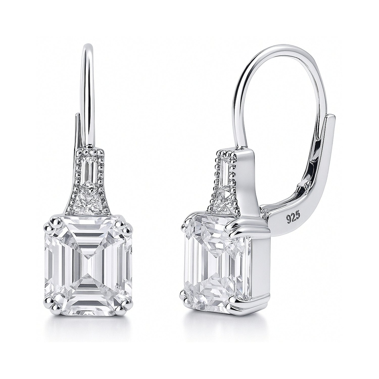 Solitaire 4ct Asscher CZ Leverback Earrings in Sterling Silver, 1 of 3