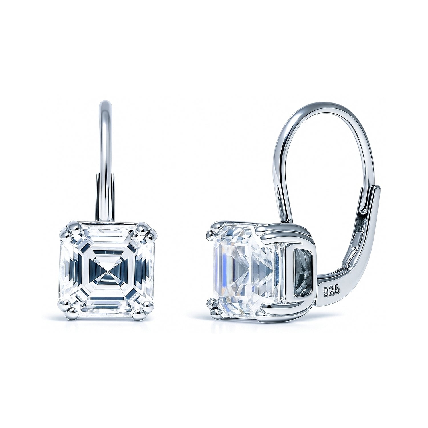 Solitaire 4ct Asscher CZ Leverback Earrings in Sterling Silver
