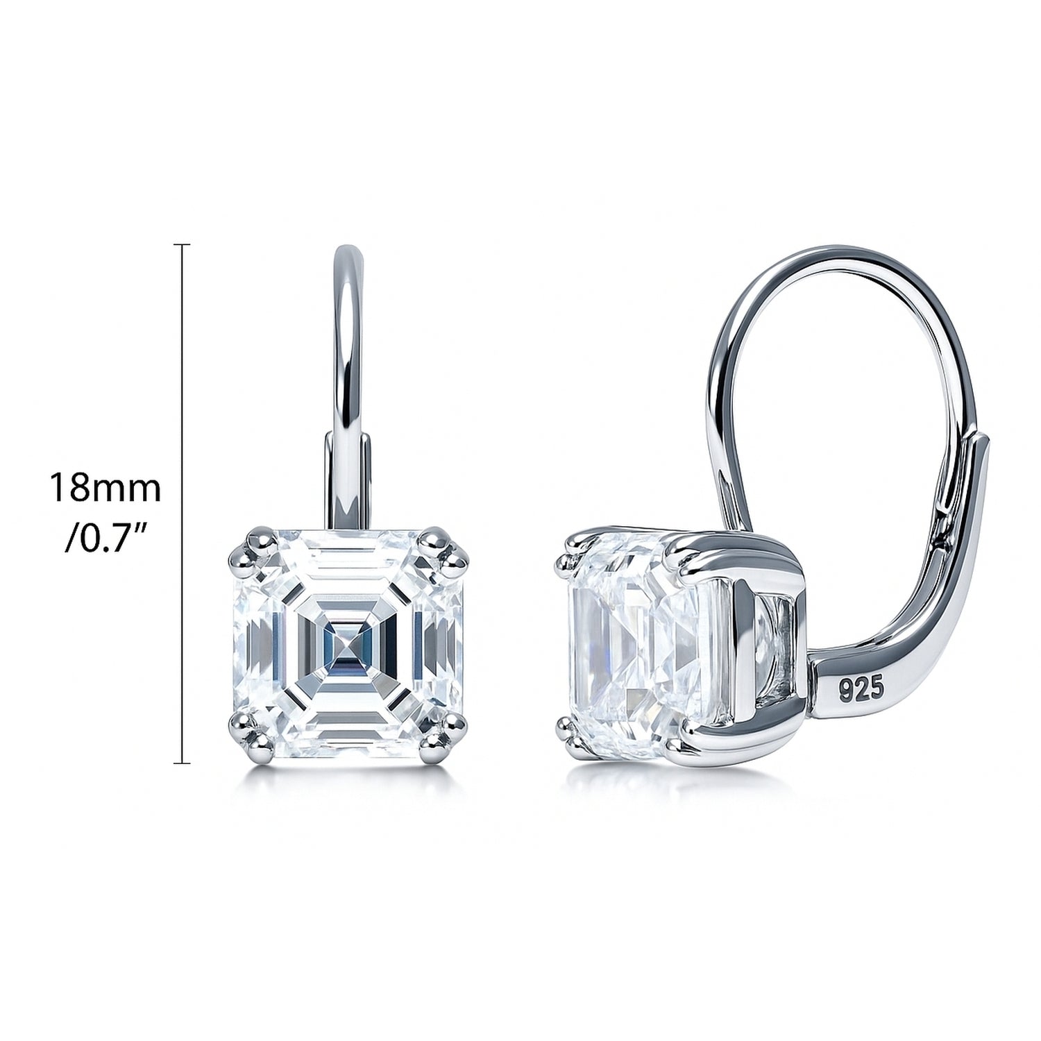 Solitaire 4ct Asscher CZ Leverback Earrings in Sterling Silver, 3 of 3