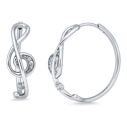 Treble Clef Music Note CZ Hoop Earrings in Sterling Silver 0.9"