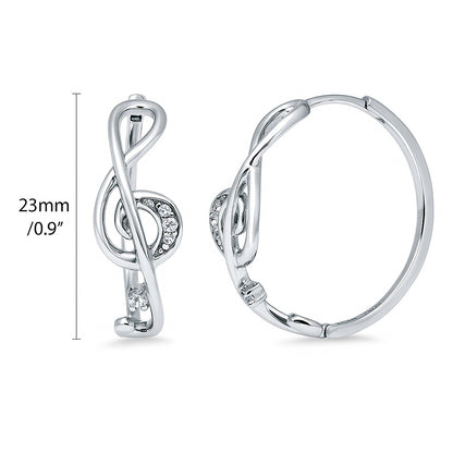 Treble Clef Music Note CZ Hoop Earrings in Sterling Silver 0.9"