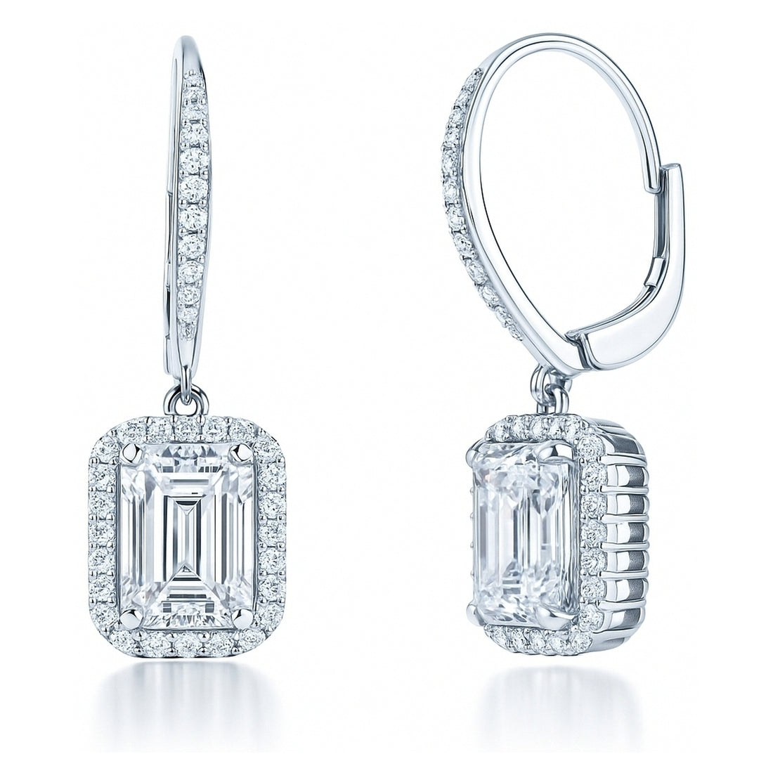 Halo Emerald Cut CZ Leverback Earrings in Sterling Silver