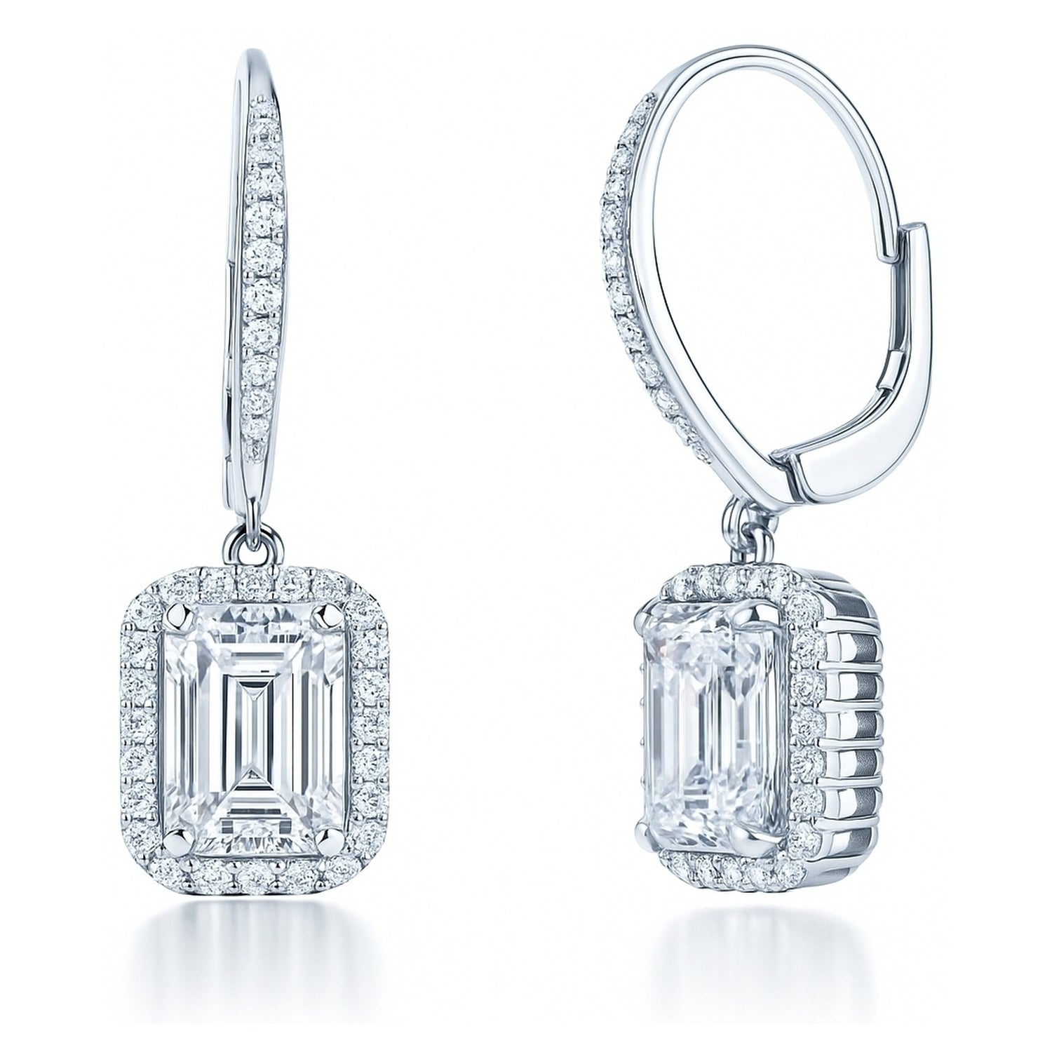 Halo Emerald Cut CZ Leverback Earrings in Sterling Silver, 1 of 7