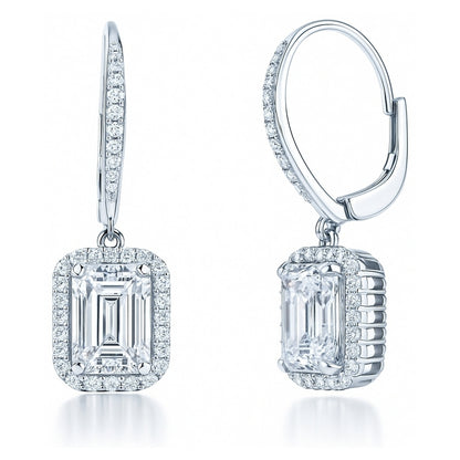 Halo Emerald Cut CZ Leverback Earrings in Sterling Silver