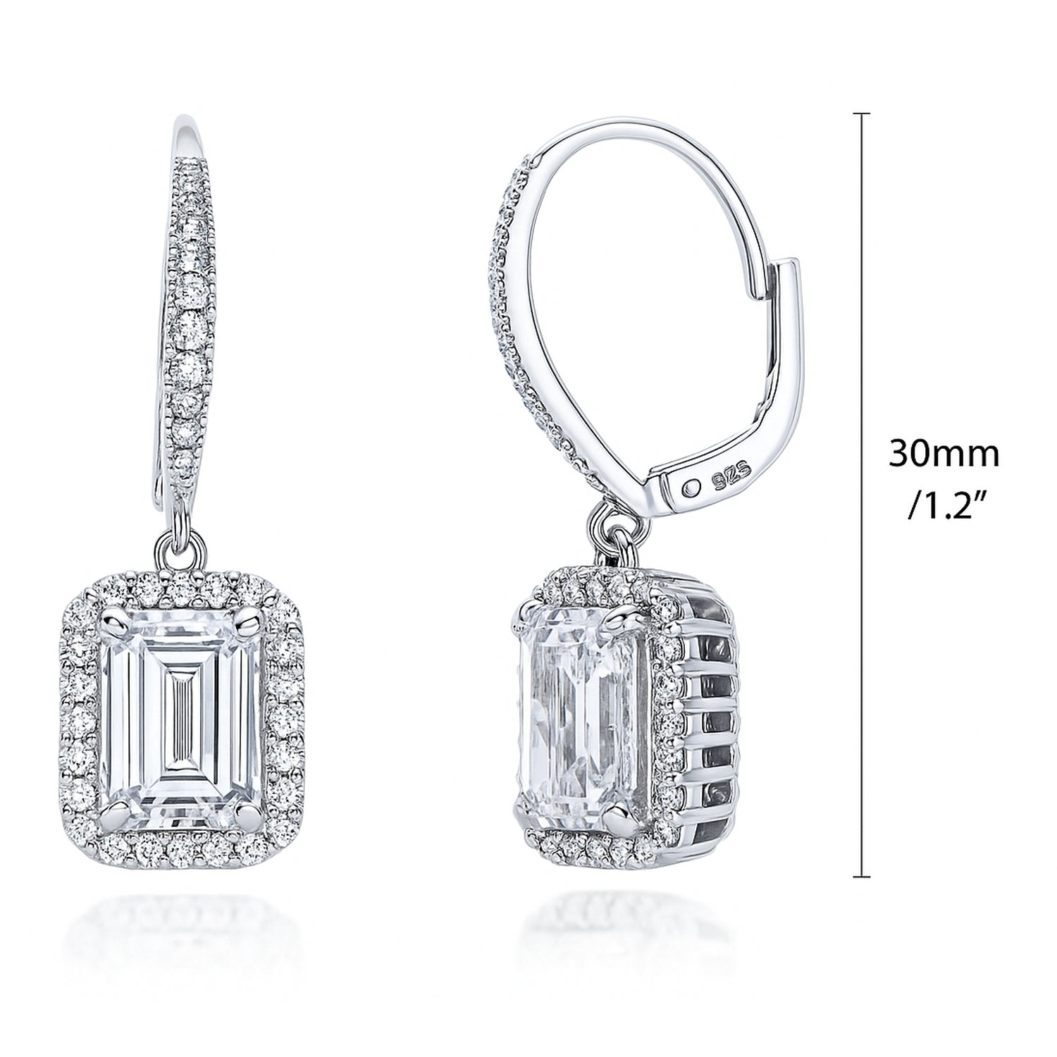 Halo Emerald Cut CZ Leverback Earrings in Sterling Silver