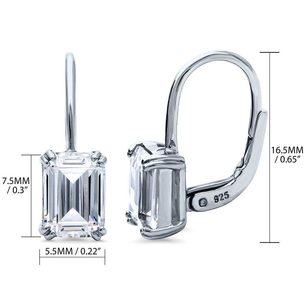 Front view of Solitaire Emerald Cut CZ Leverback Earrings in Sterling Silver, Rhodium Plated