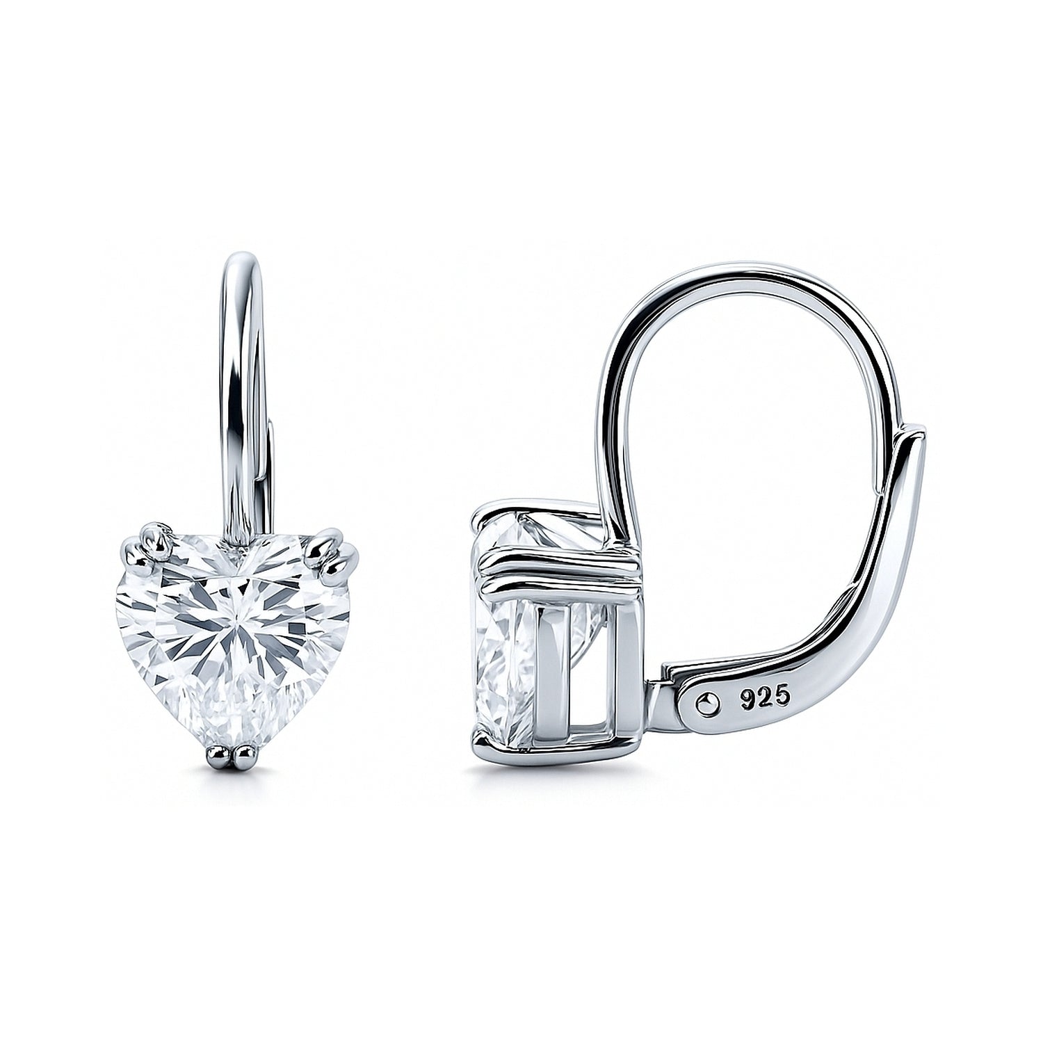 Solitaire Heart Heart CZ Leverback Earrings in Sterling Silver, Clear Color