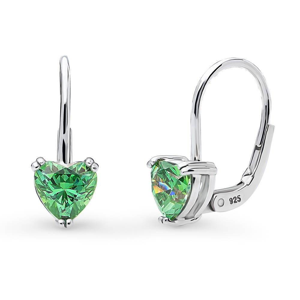 Solitaire Heart Heart CZ Leverback Earrings in Sterling Silver, Green Color