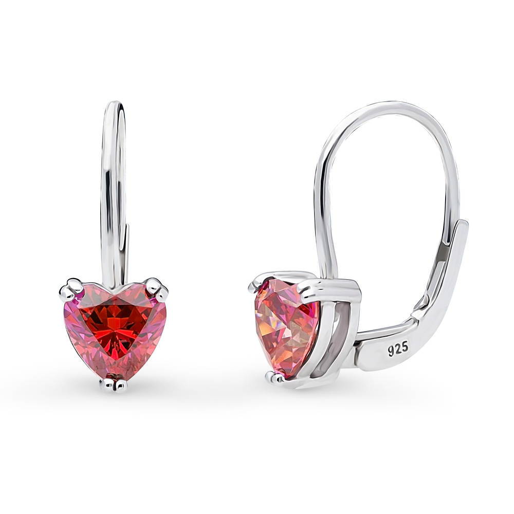 Solitaire Heart Heart CZ Leverback Earrings in Sterling Silver, Red Color