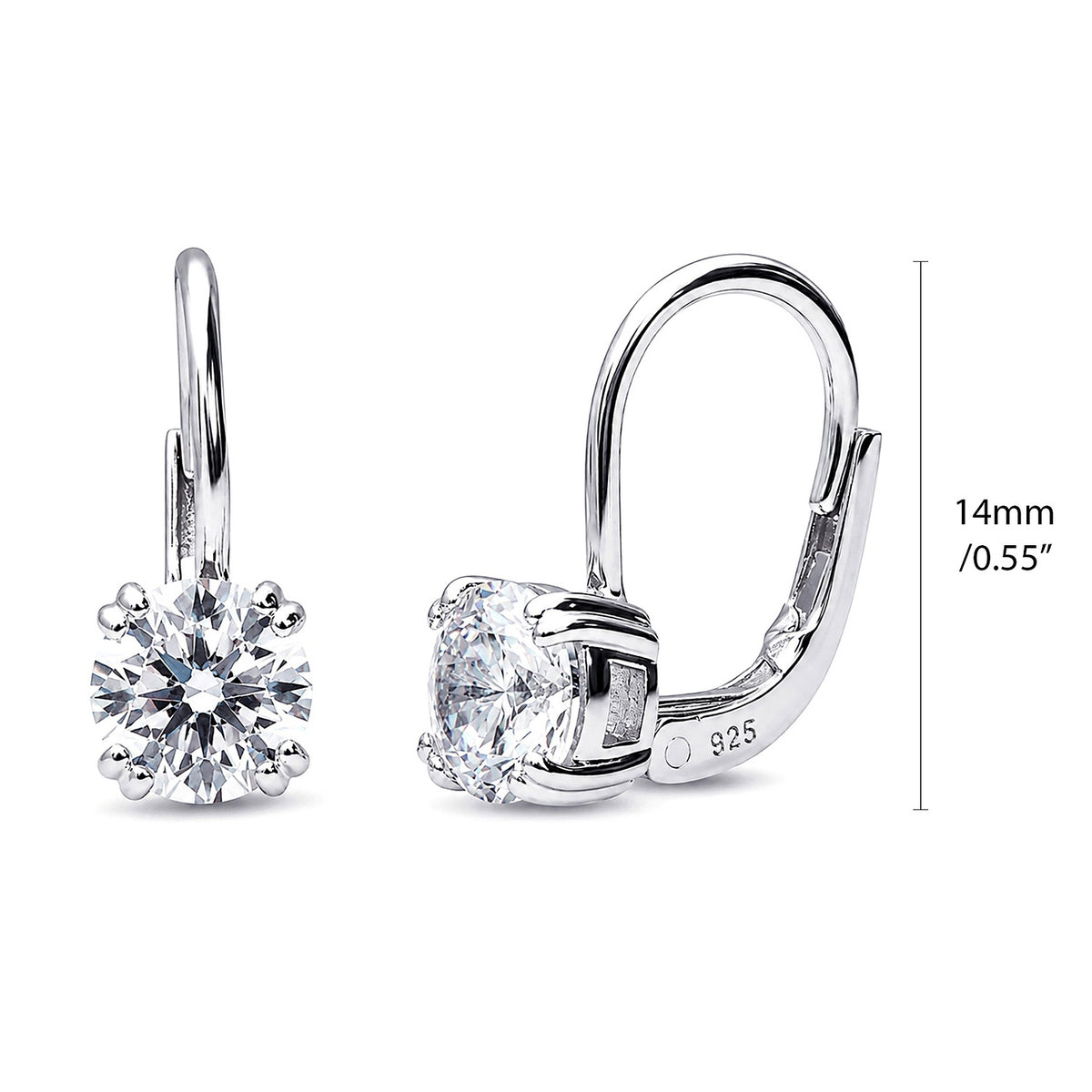 Solitaire CZ Leverback Earrings in Sterling Silver, Rhodium Plated / 6mm