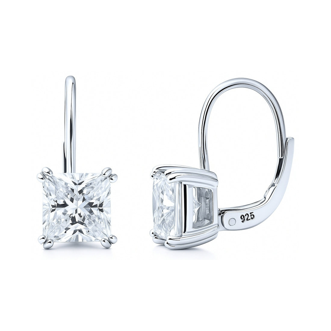 Solitaire 4ct Princess CZ Leverback Earrings in Sterling Silver