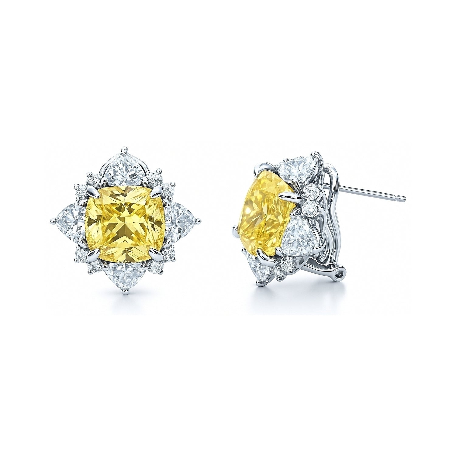 Halo Canary Yellow CZ Omega Back Stud Earrings in Sterling Silver