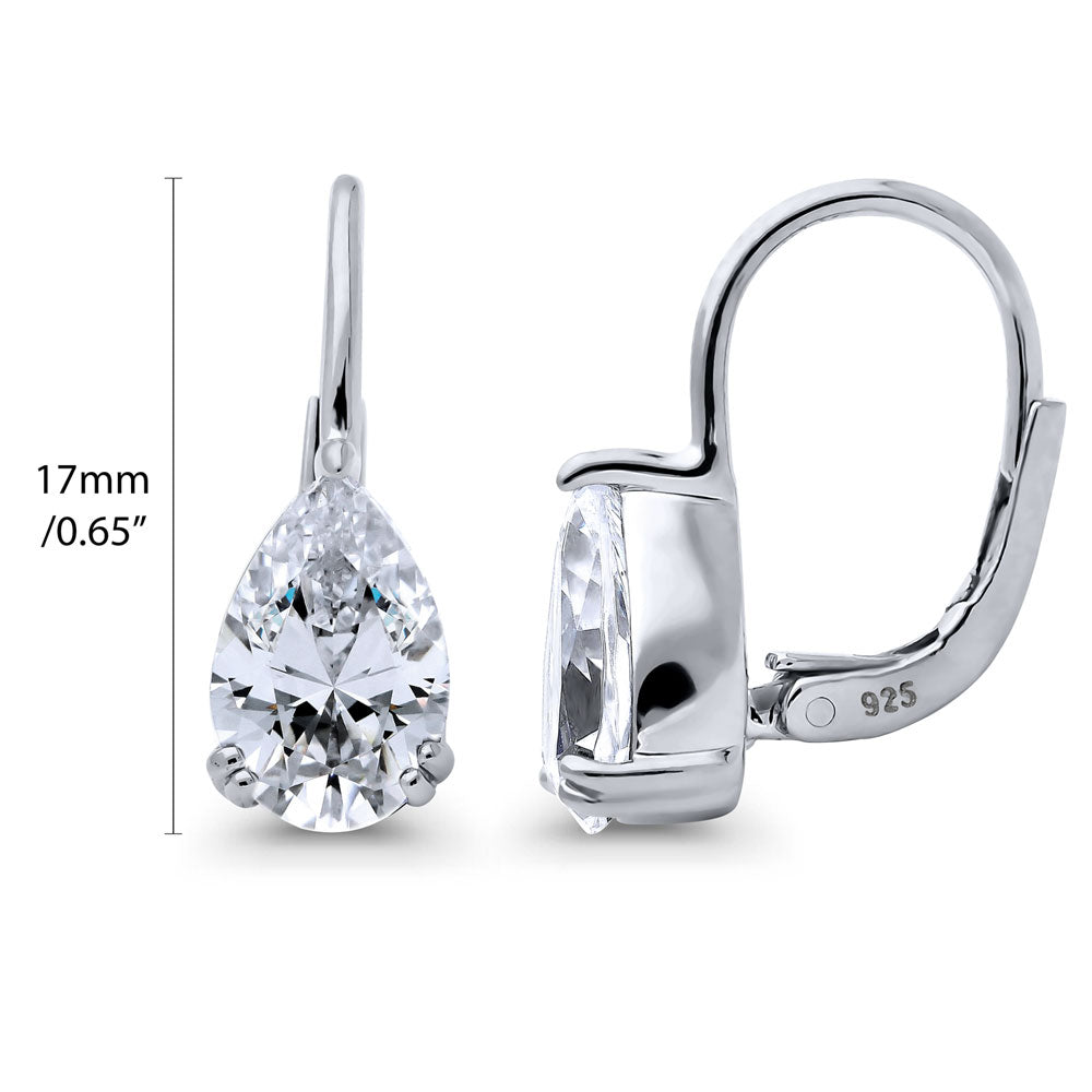 Front view of Solitaire Pear CZ Leverback Earrings in Sterling Silver, Clear