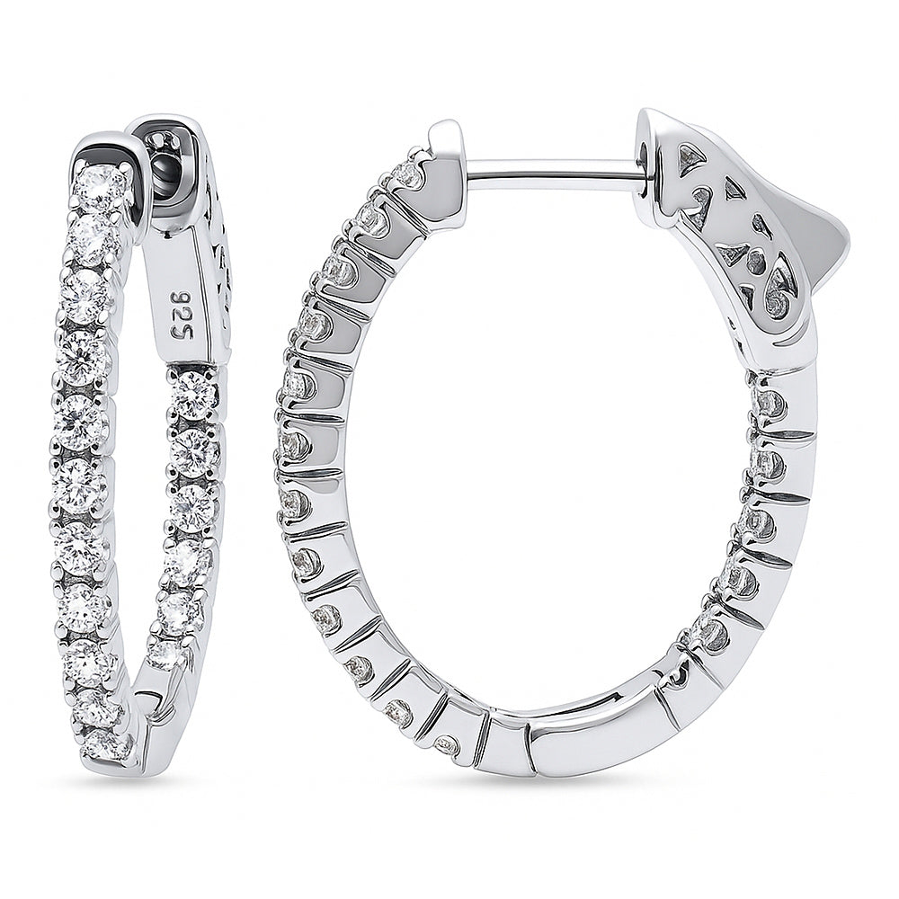 Oval CZ Small Inside-Out Hoop Earrings in Sterling Silver 0.8"