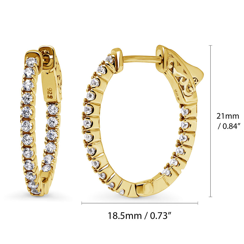 Front view of Oval CZ Medium Inside-Out Hoop Earrings in Sterling Silver 0.84 inch, Yellow Gold Flashed