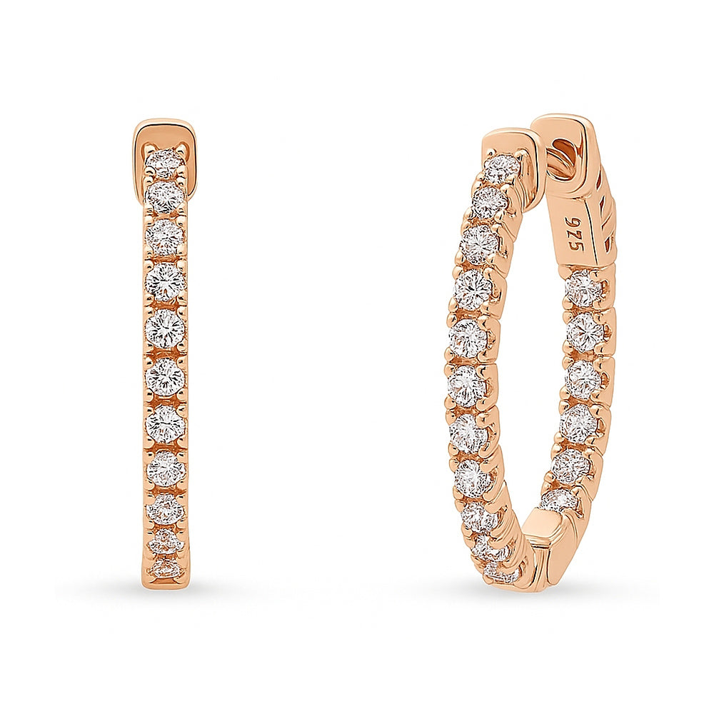 Oval CZ Small Inside-Out Hoop Earrings in Sterling Silver 0.8"