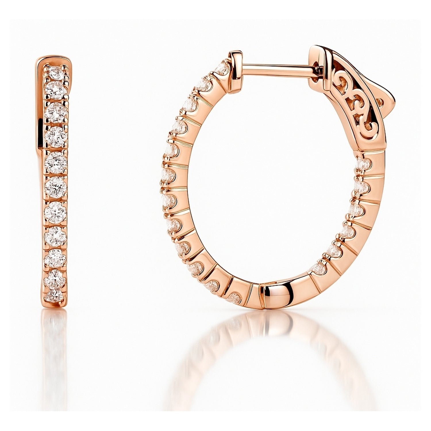 Oval CZ Small Inside-Out Hoop Earrings in Sterling Silver 0.8 inch, Rose Gold Flashed
