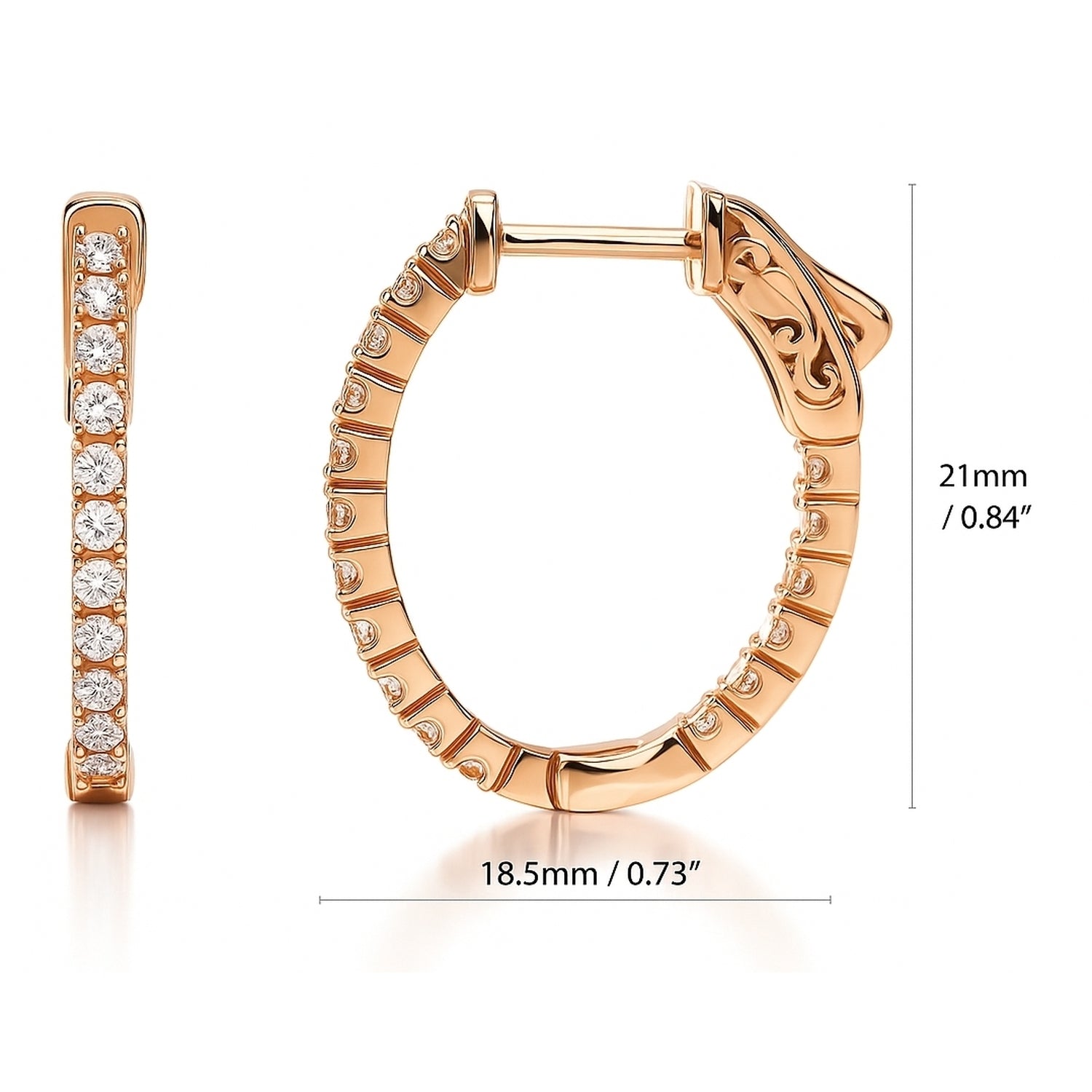 Oval CZ Small Inside-Out Hoop Earrings in Sterling Silver 0.8 inch, Rose Gold Flashed