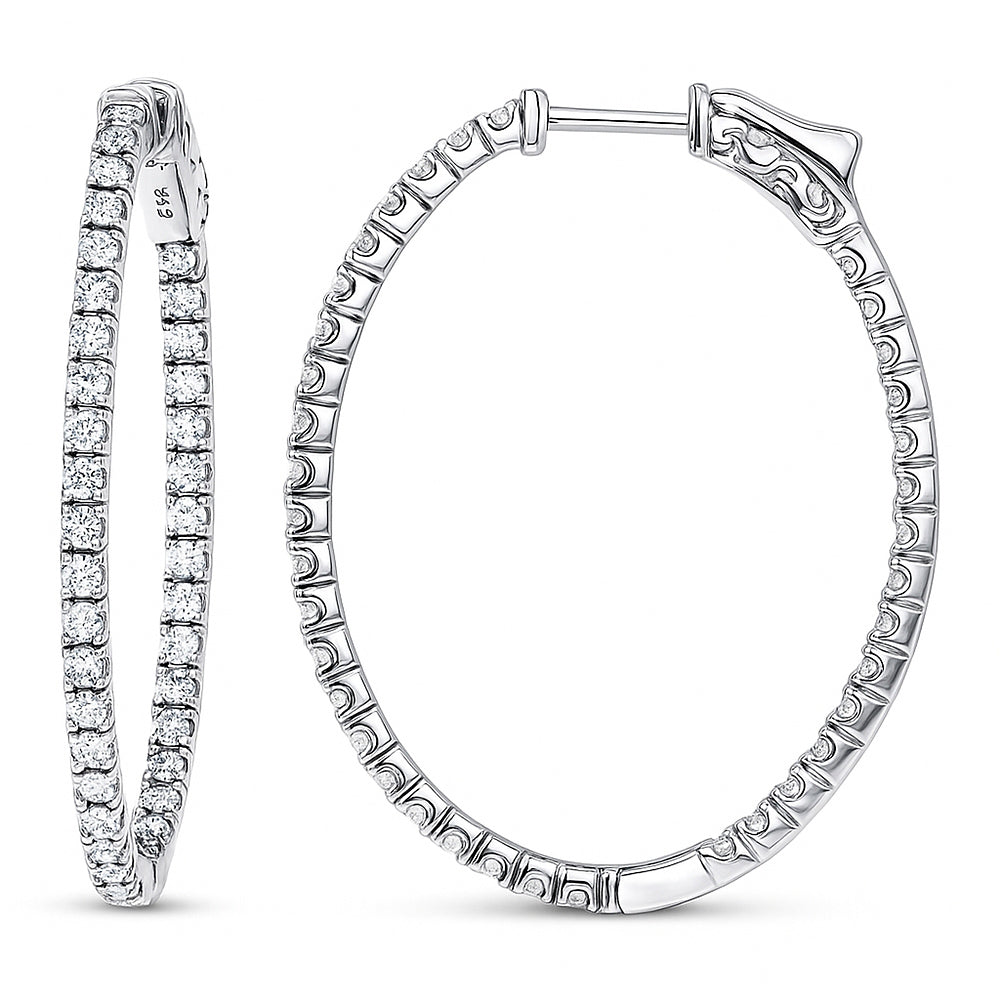 Oval CZ Inside-Out Hoop Earrings in Sterling Silver 1.4 inch, Rhodium Plated