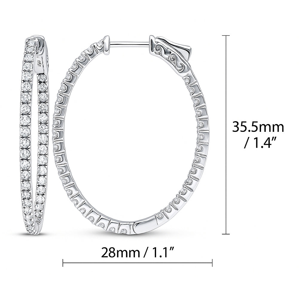 Oval CZ Inside-Out Hoop Earrings in Sterling Silver 1.4 inch, Rhodium Plated