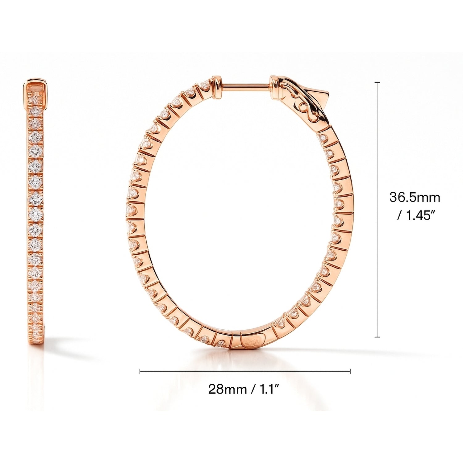 Oval CZ Inside-Out Hoop Earrings in Sterling Silver 1.4 inch, Rose Gold Flashed