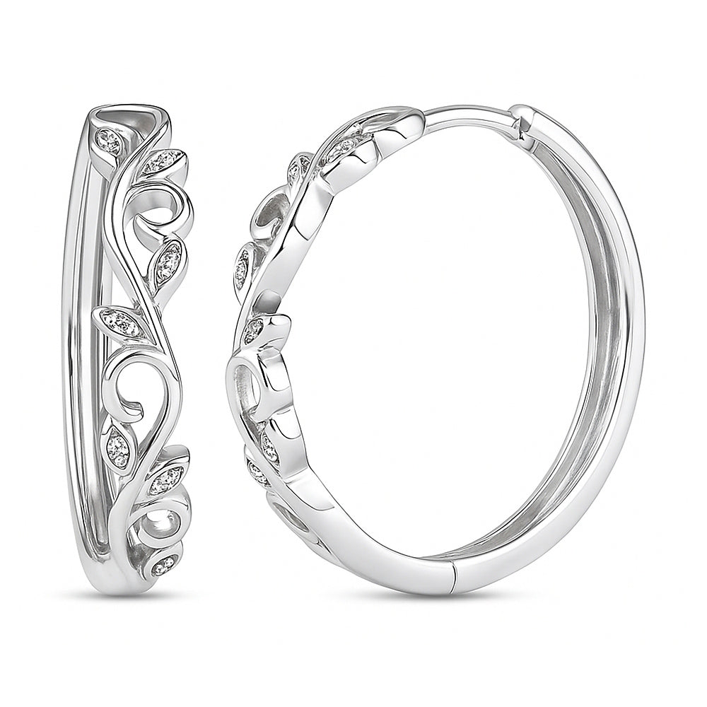 Leaf Filigree CZ Small Hoop Earrings in Sterling Silver 1 inch, 1 of 4