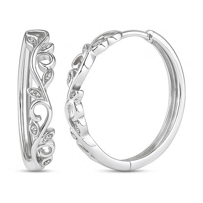Leaf Filigree CZ Small Hoop Earrings in Sterling Silver 1"